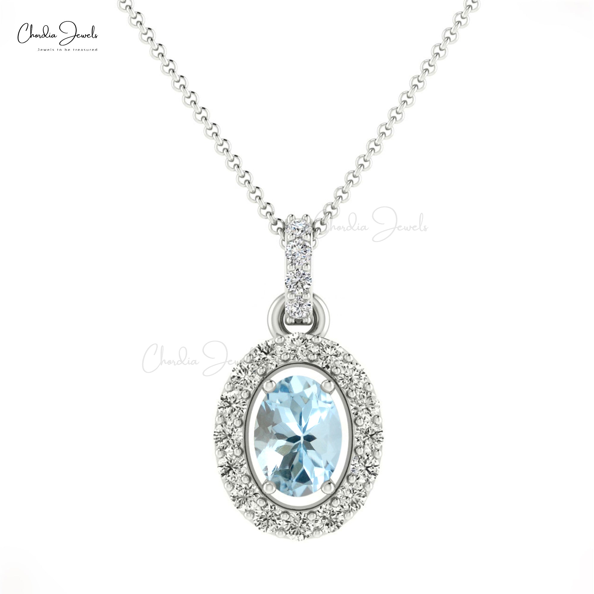 Halo Unique Pendant In 14k Solid Gold Aquamarine 0.75 Ct Gemstone Diamond Necklace