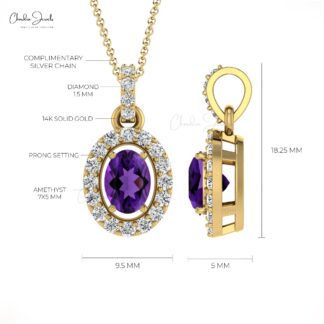 Natural Amethyst Halo Pendant In 14k Solid Gold Small Diamond Necklace For Mom