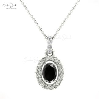 Oval Cut Wedding Charm In 14k Solid Gold Black Diamond And G-H Diamond Halo Pendant