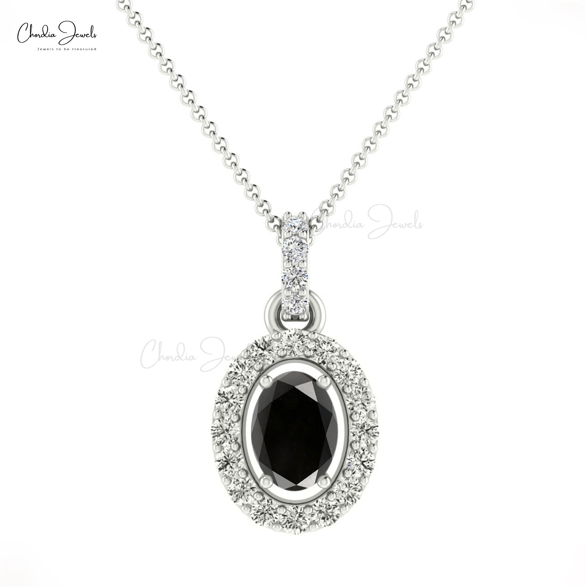 Oval Cut Wedding Charm In 14k Solid Gold Black Diamond And G-H Diamond Halo Pendant