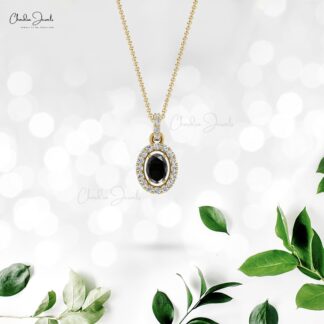 Oval Cut Wedding Charm In 14k Solid Gold Black Diamond And G-H Diamond Halo Pendant