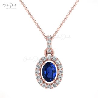 AAA Blue Sapphire 7x5mm Gemstone And Diamond Halo Pendant In 14k Gold Fine Jewelry