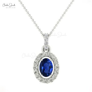 AAA Blue Sapphire 7x5mm Gemstone And Diamond Halo Pendant In 14k Gold Fine Jewelry