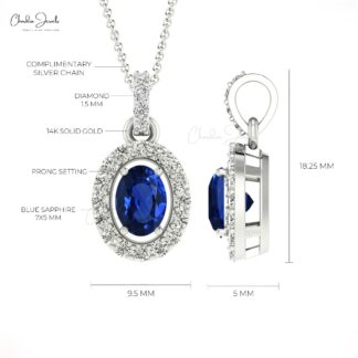 AAA Blue Sapphire 7x5mm Gemstone And Diamond Halo Pendant In 14k Gold Fine Jewelry