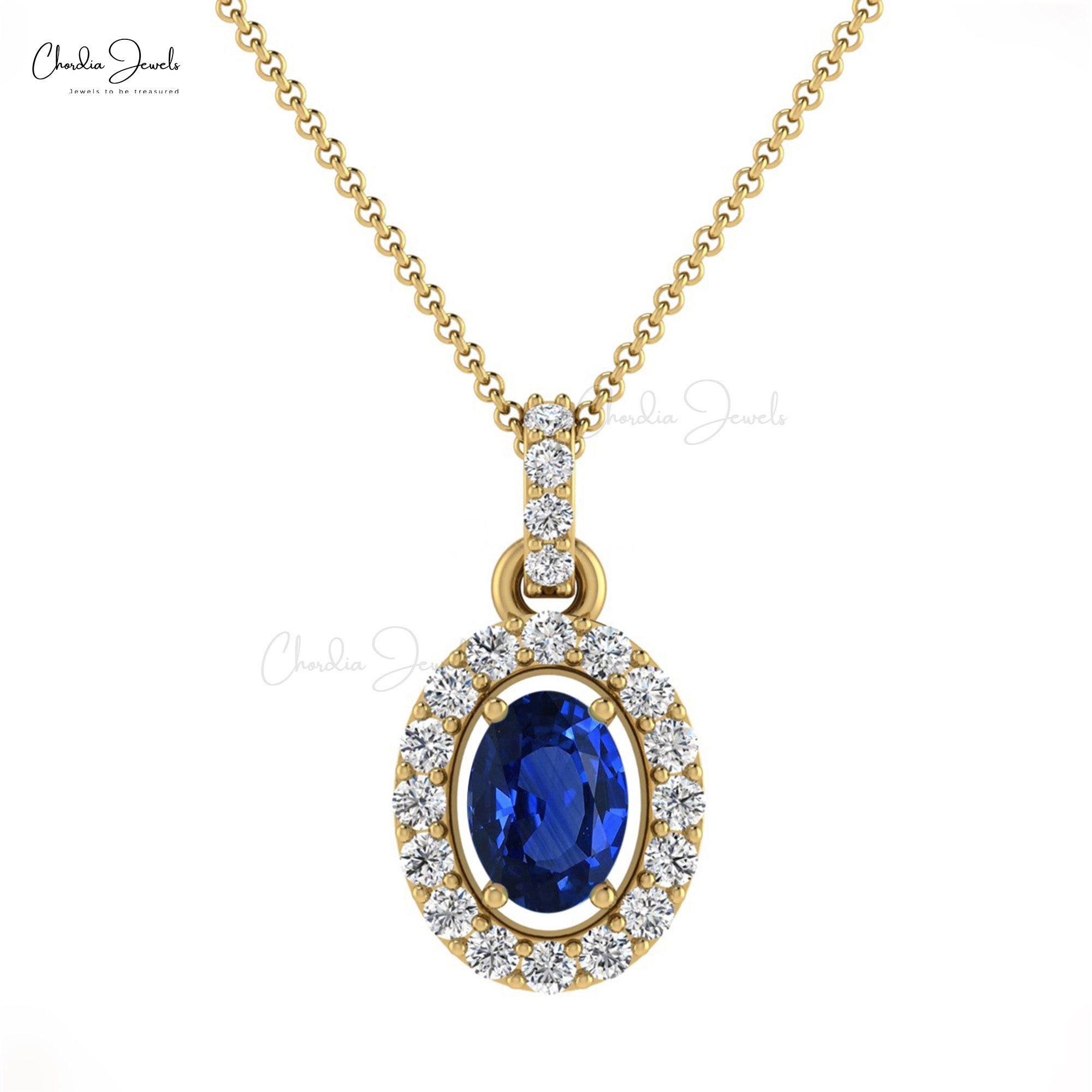 AAA Blue Sapphire 7x5mm Gemstone And Diamond Halo Pendant In 14k Gold Fine Jewelry
