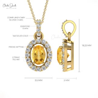 Dual Birthstone Dangle Charm In 14k Solid Gold Citrine And Diamond Halo Pendant