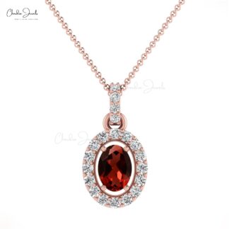 Dangle Gemstone Charm With 0.95 Ct Red Garnet And Diamond Halo 14k Gold Pendant