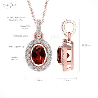 Dangle Gemstone Charm With 0.95 Ct Red Garnet And Diamond Halo 14k Gold Pendant
