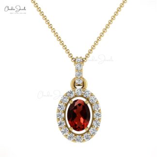 Dangle Gemstone Charm With 0.95 Ct Red Garnet And Diamond Halo 14k Gold Pendant