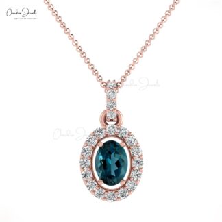 Double Birthstone Halo Pendant in 14k Gold London Blue Topaz And Diamond Pendant