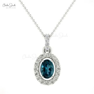 Double Birthstone Halo Pendant in 14k Gold London Blue Topaz And Diamond Pendant