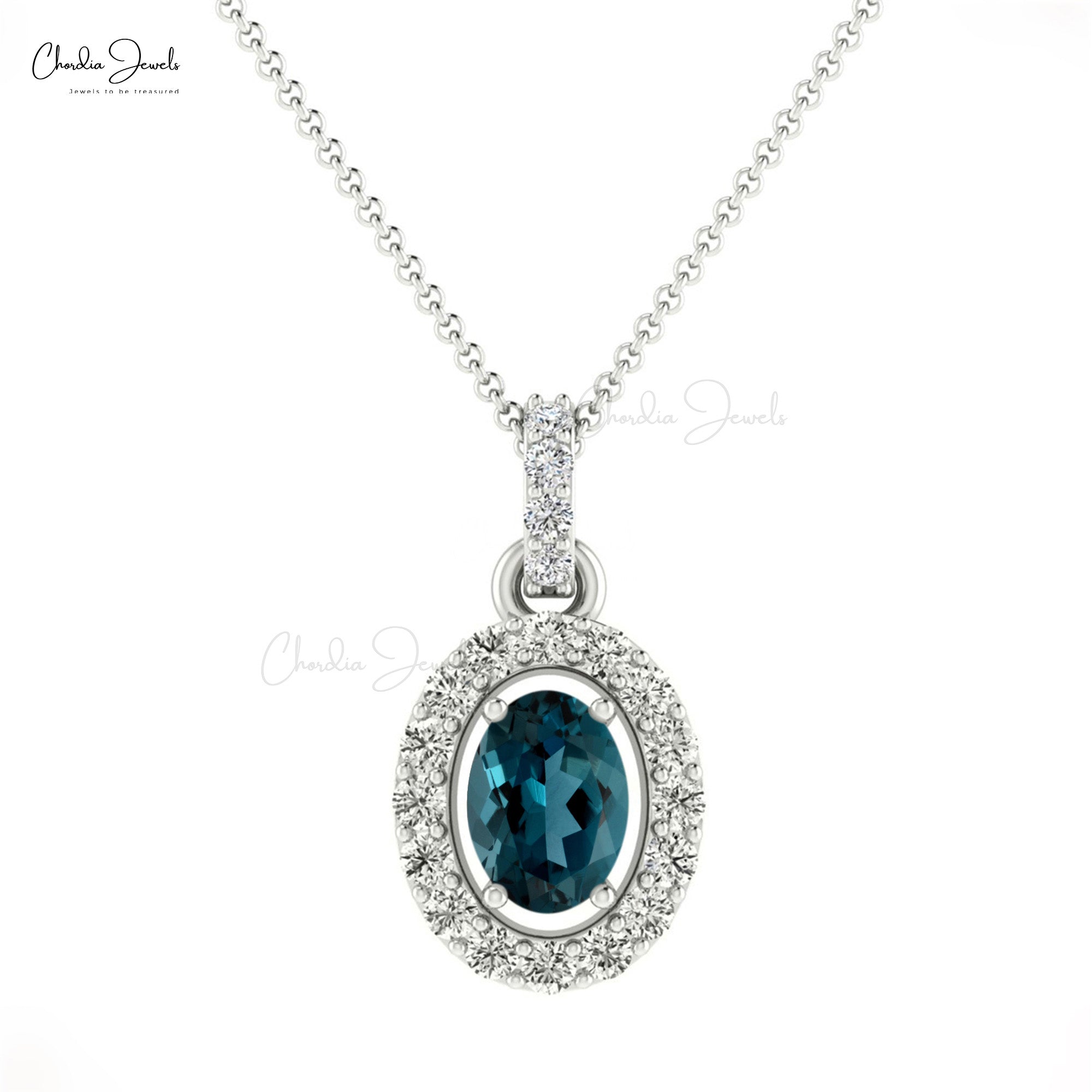 Double Birthstone Halo Pendant in 14k Gold London Blue Topaz And Diamond Pendant