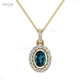 Double Birthstone Halo Pendant in 14k Gold London Blue Topaz And Diamond Pendant