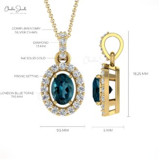 Double Birthstone Halo Pendant in 14k Gold London Blue Topaz And Diamond Pendant