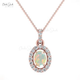 Solid 14k Gold Halo Pendant With 7x5mm Opal And Diamond Minimalist Pendants