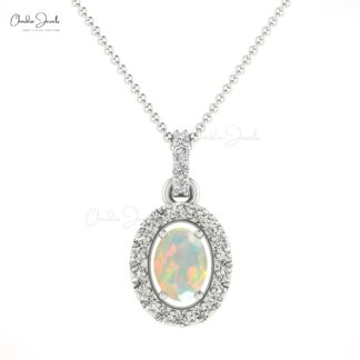 Solid 14k Gold Halo Pendant With 7x5mm Opal And Diamond Minimalist Pendants