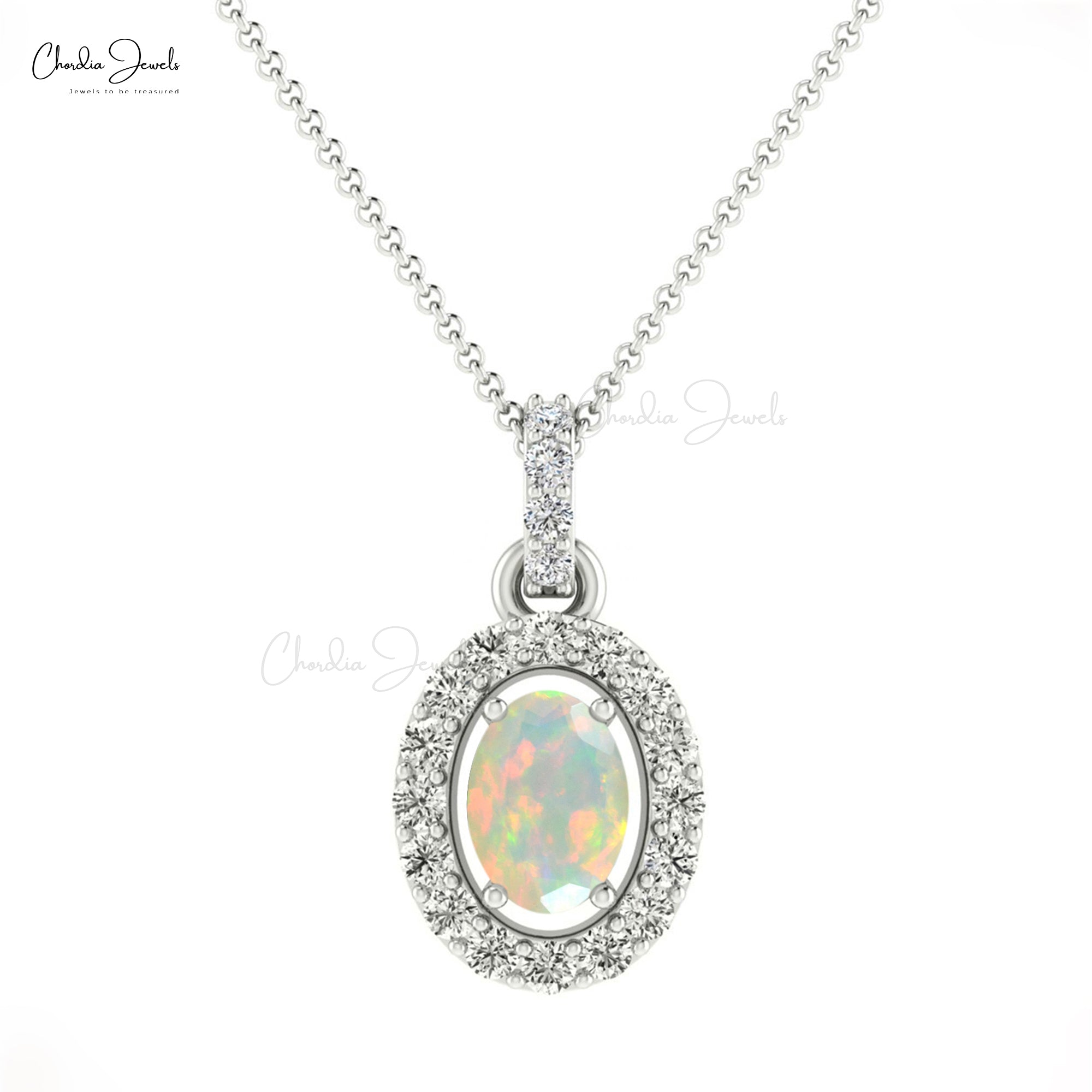 Solid 14k Gold Halo Pendant With 7x5mm Opal And Diamond Minimalist Pendants