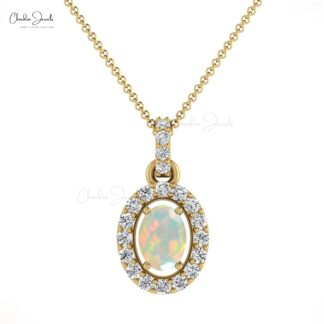 Solid 14k Gold Halo Pendant With 7x5mm Opal And Diamond Minimalist Pendants