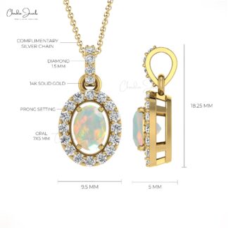 Solid 14k Gold Halo Pendant With 7x5mm Opal And Diamond Minimalist Pendants