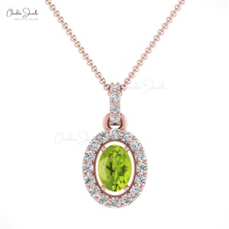 Real 14k Gold Halo Pendant With 0.75 Ct Peridot Diamond Dangle Women Pendant