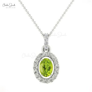 Real 14k Gold Halo Pendant With 0.75 Ct Peridot Diamond Dangle Women Pendant