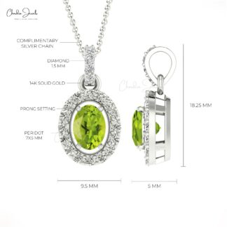 Real 14k Gold Halo Pendant With 0.75 Ct Peridot Diamond Dangle Women Pendant