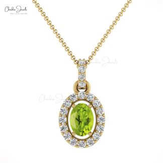 Real 14k Gold Halo Pendant With 0.75 Ct Peridot Diamond Dangle Women Pendant