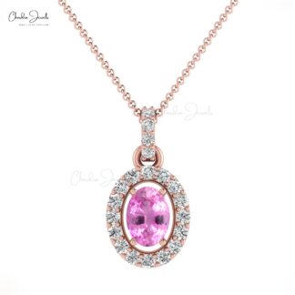 Dainty Diamond Halo Pendant With 7x5mm Pink Sapphire 14k Real Gold Necklace For Her