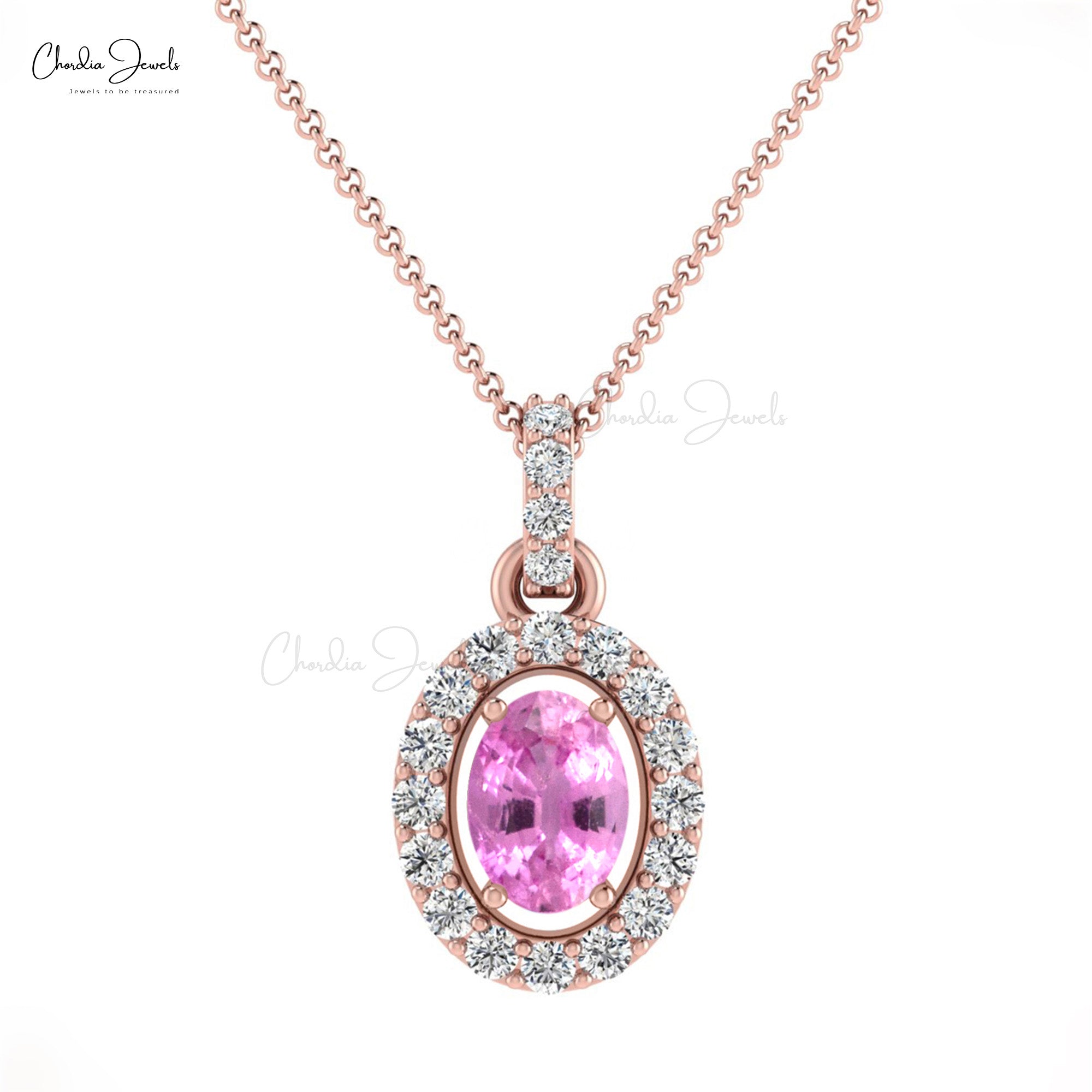 Dainty Diamond Halo Pendant With 7x5mm Pink Sapphire 14k Real Gold Necklace For Her