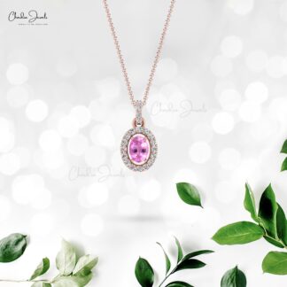 Dainty Diamond Halo Pendant With 7x5mm Pink Sapphire 14k Real Gold Necklace For Her