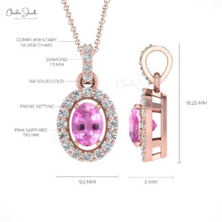 Dainty Diamond Halo Pendant With 7x5mm Pink Sapphire 14k Real Gold Necklace For Her