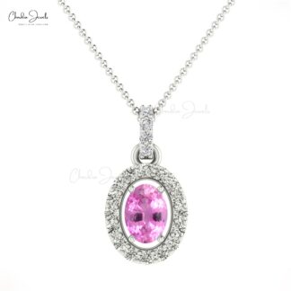 Dainty Diamond Halo Pendant With 7x5mm Pink Sapphire 14k Real Gold Necklace For Her