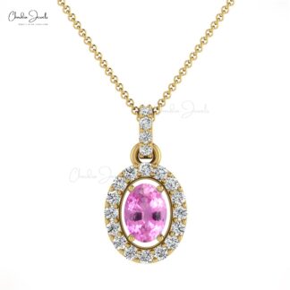 Dainty Diamond Halo Pendant With 7x5mm Pink Sapphire 14k Real Gold Necklace For Her