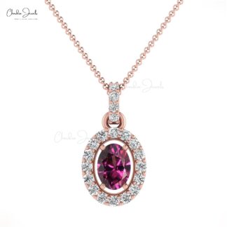 Unique Rhodolite Garnet Halo Oval Diamond Pendant 7×5 mm