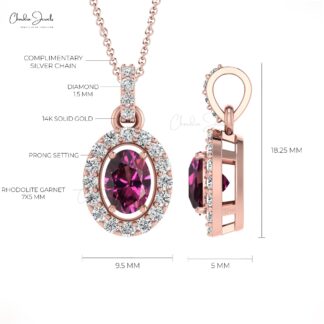 Unique Rhodolite Garnet Halo Oval Diamond Pendant 7×5 mm