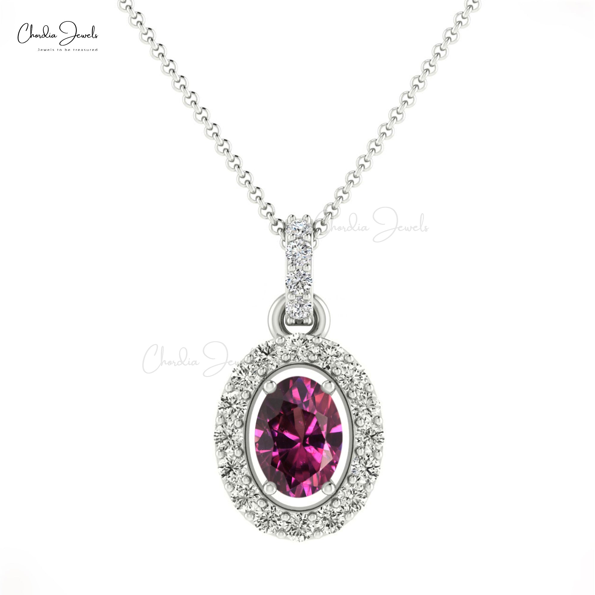 Unique Rhodolite Garnet Halo Oval Diamond Pendant 7×5 mm