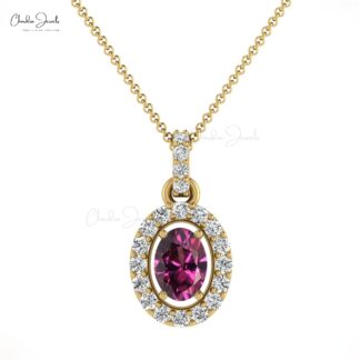Unique Rhodolite Garnet Halo Oval Diamond Pendant 7×5 mm