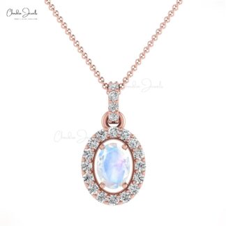 Natural Rainbow Moonstone 0.75 Carat 14k Solid Gold Diamond Pendant