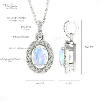 Natural Rainbow Moonstone 0.75 Carat 14k Solid Gold Diamond Pendant