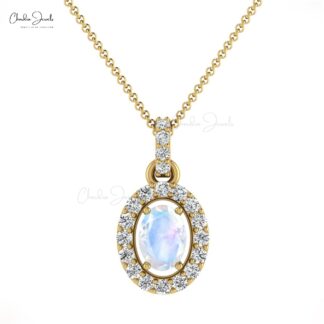 Natural Rainbow Moonstone 0.75 Carat 14k Solid Gold Diamond Pendant