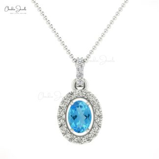 Oval Cut Halo Pendant in 14k Gold Swiss Blue Topaz 7x5mm Gemstone Diamond Necklace