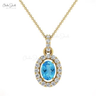 Oval Cut Halo Pendant in 14k Gold Swiss Blue Topaz 7x5mm Gemstone Diamond Necklace