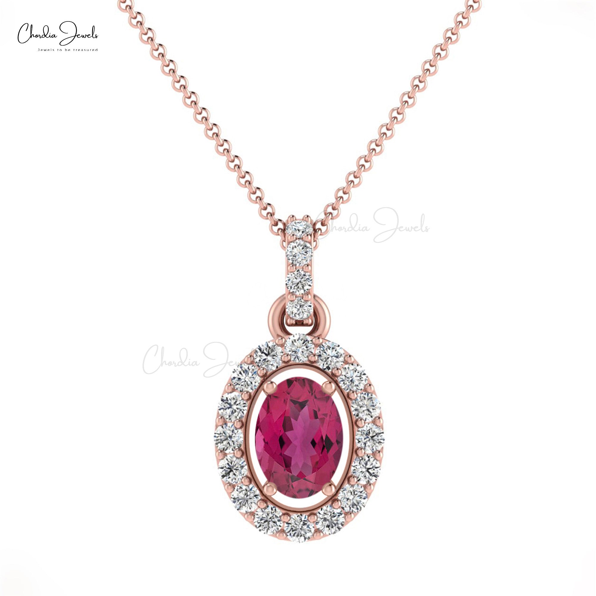 Natural Pink Tourmaline 7x5mm Gemstone and Halo Diamond 14k Real Gold Pendant