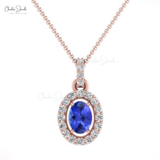 Dainty Diamond Minimal Charm With 0.8 Ct Tanzanite 14k Gold Halo Pendant For Mom