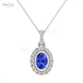 Dainty Diamond Minimal Charm With 0.8 Ct Tanzanite 14k Gold Halo Pendant For Mom