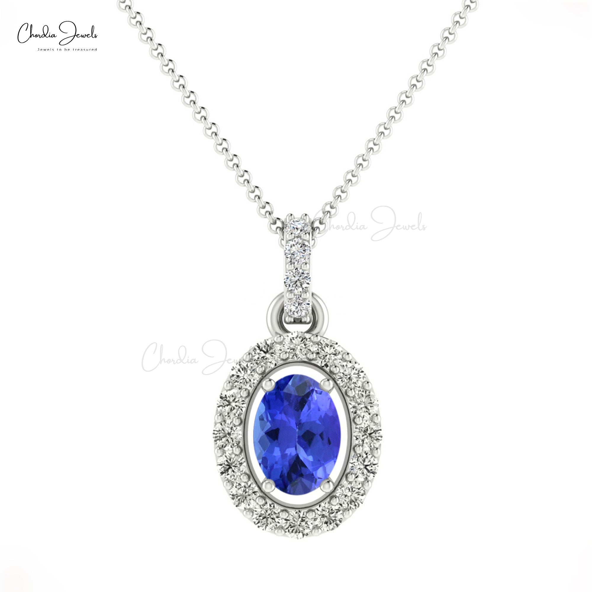 Dainty Diamond Minimal Charm With 0.8 Ct Tanzanite 14k Gold Halo Pendant For Mom
