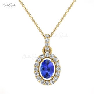 Dainty Diamond Minimal Charm With 0.8 Ct Tanzanite 14k Gold Halo Pendant For Mom