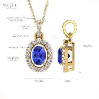 Dainty Diamond Minimal Charm With 0.8 Ct Tanzanite 14k Gold Halo Pendant For Mom