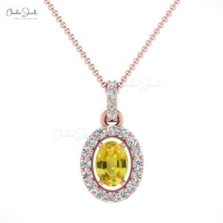 Yellow Sapphire 7×5 mm Oval Halo Diamond 14k Solid Gold Pendant