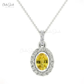 Yellow Sapphire 7x5 mm Oval Halo Diamond 14k Solid Gold Pendant